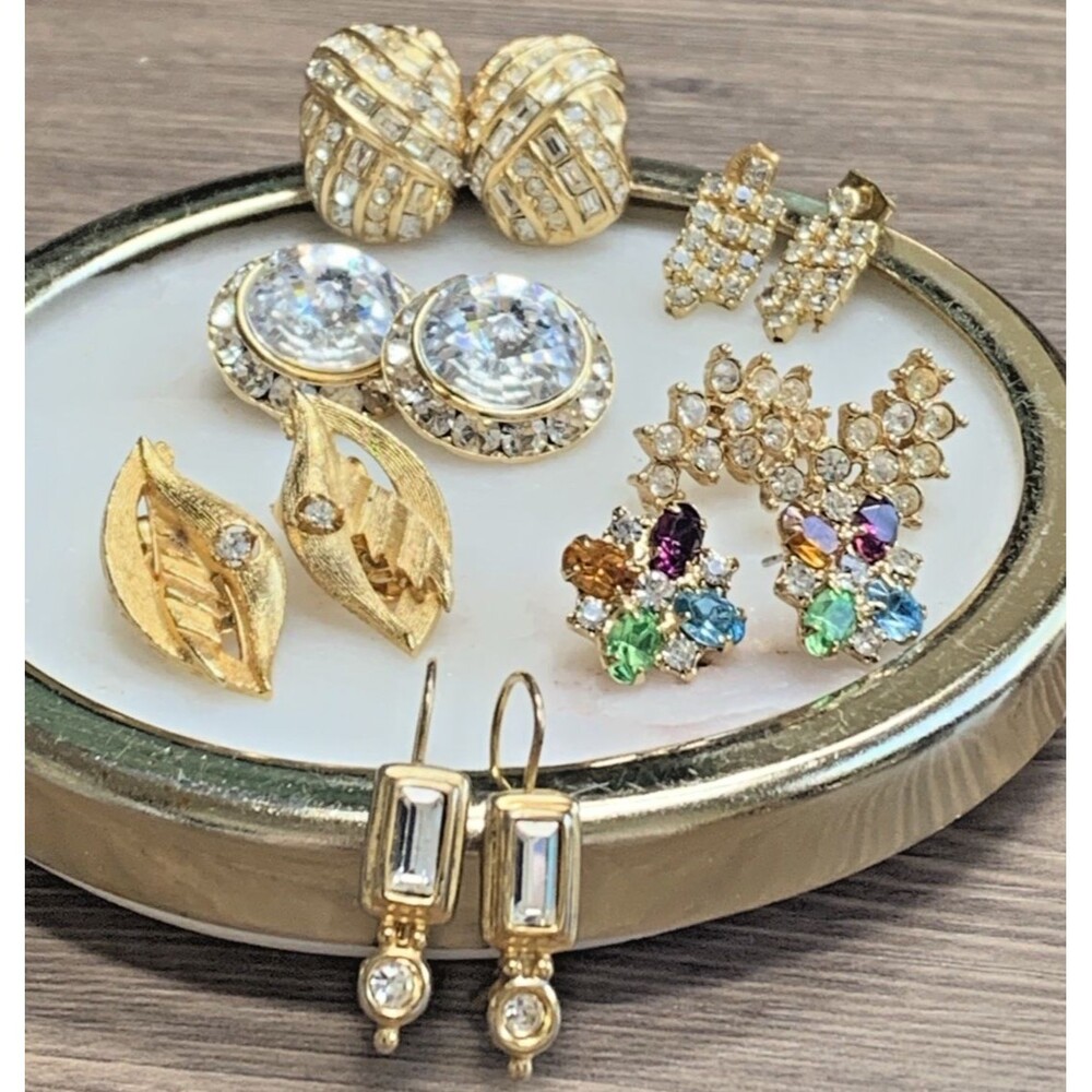 Vintage Rhinestone Earrings Lot Gold Tone Mixed Styles Clip Dangle Retro 7pc